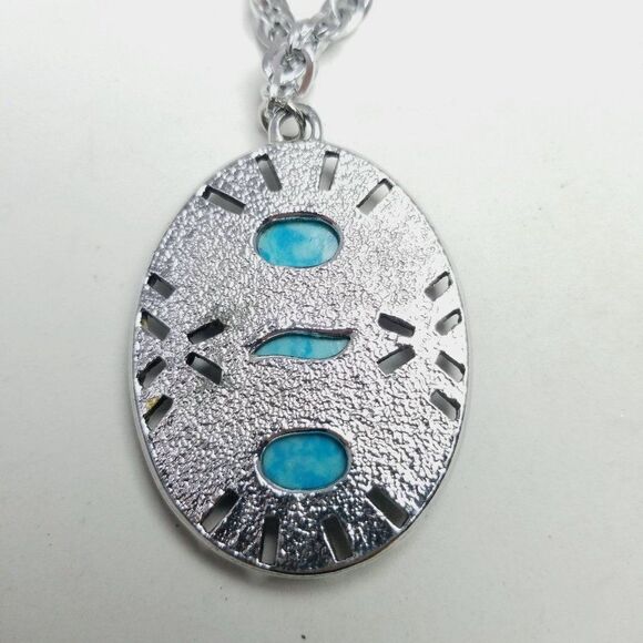 Vintage Silver Tone and Blue Pendant Necklace, Long Chain, Statement, Retro 70s - Picture 3 of 7